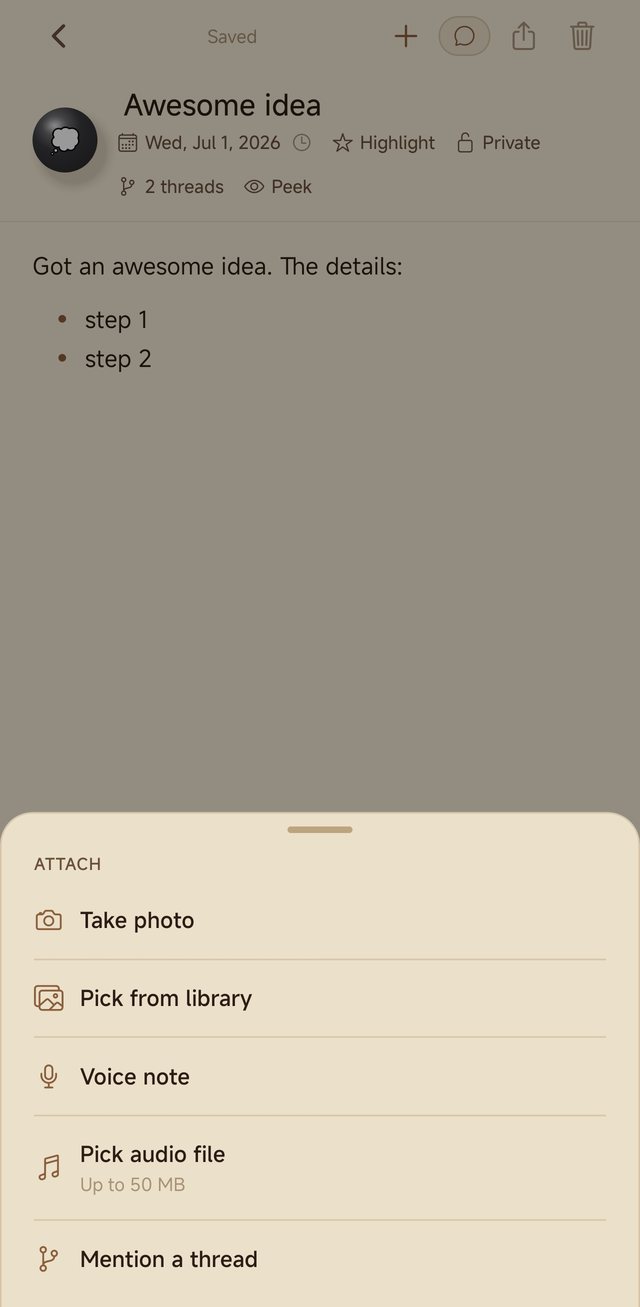The attach sheet: take a photo, pick from the library, voice note, audio file, mention a thread