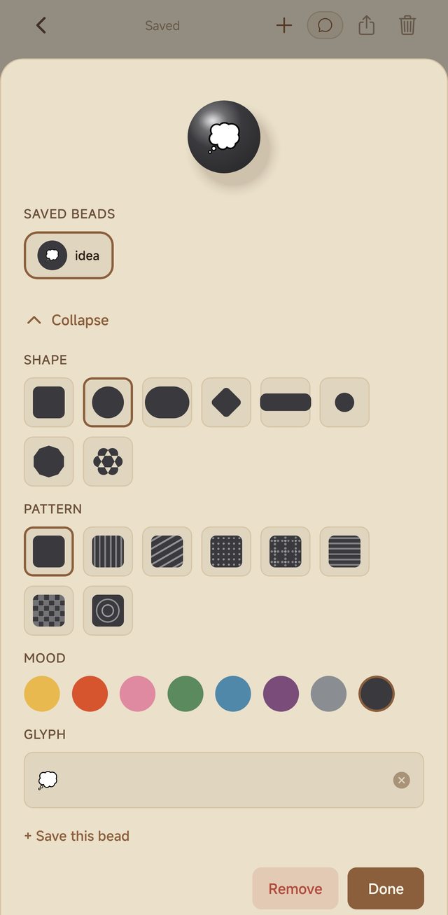 The bead composer: saved beads, shapes, patterns, moods and a glyph