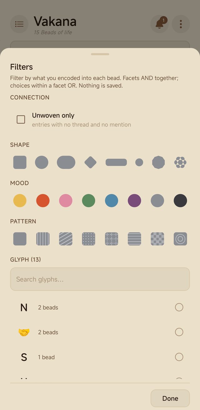 The filters panel: shapes, moods, patterns and glyphs as the search vocabulary