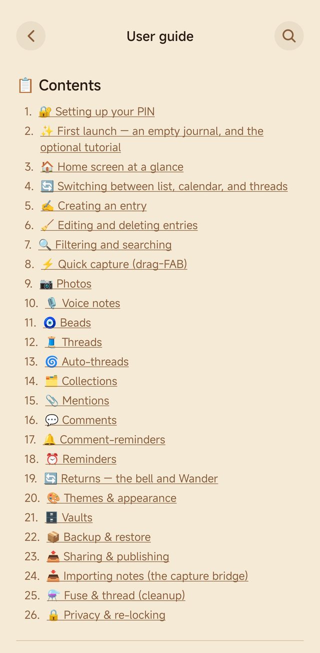 The user guide contents, inside the app