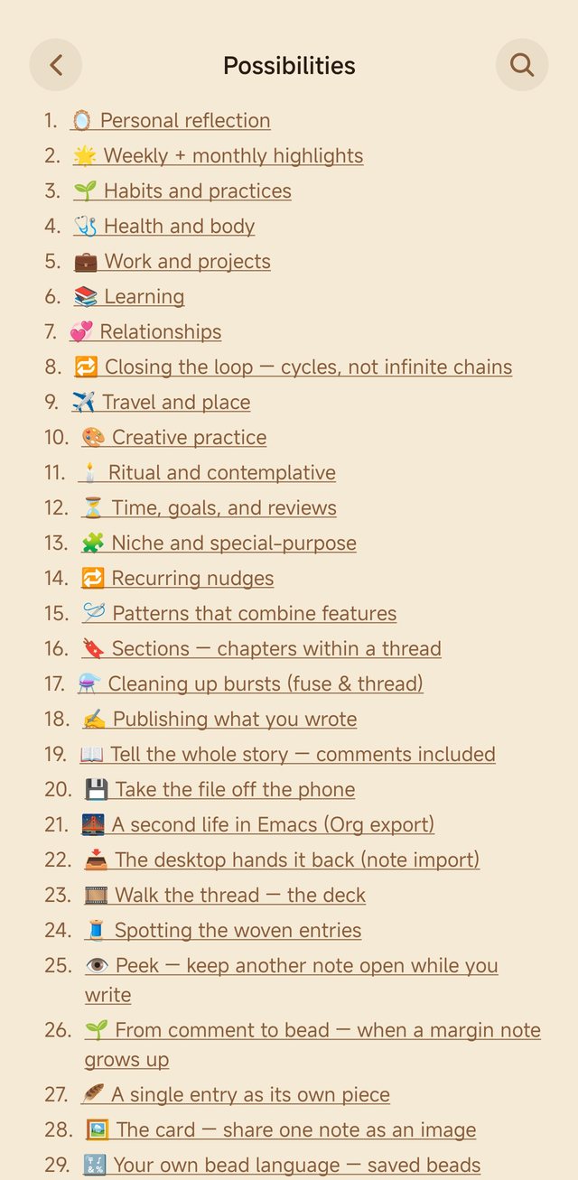 The possibilities catalog, inside the app