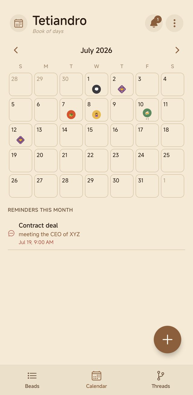 The Tetiandro calendar: a month grid with a bead on each day that holds an entry