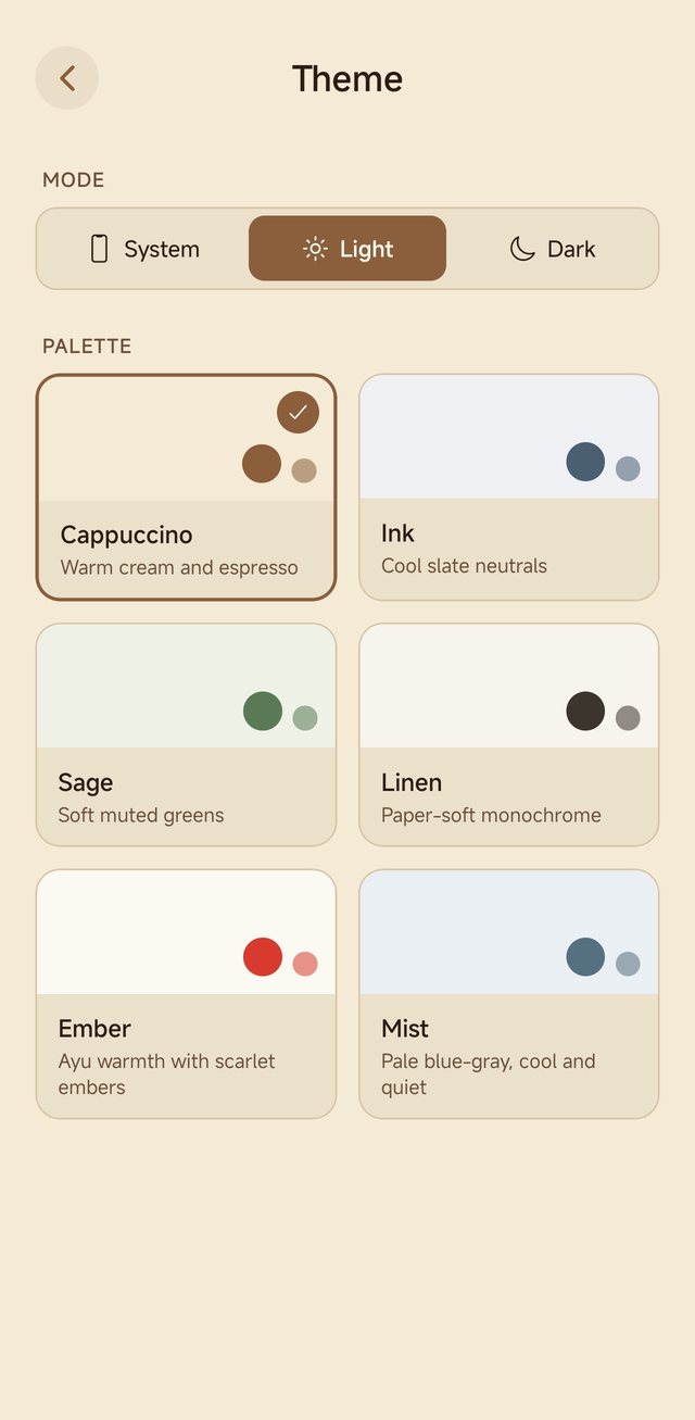The theme settings: mode and six palettes