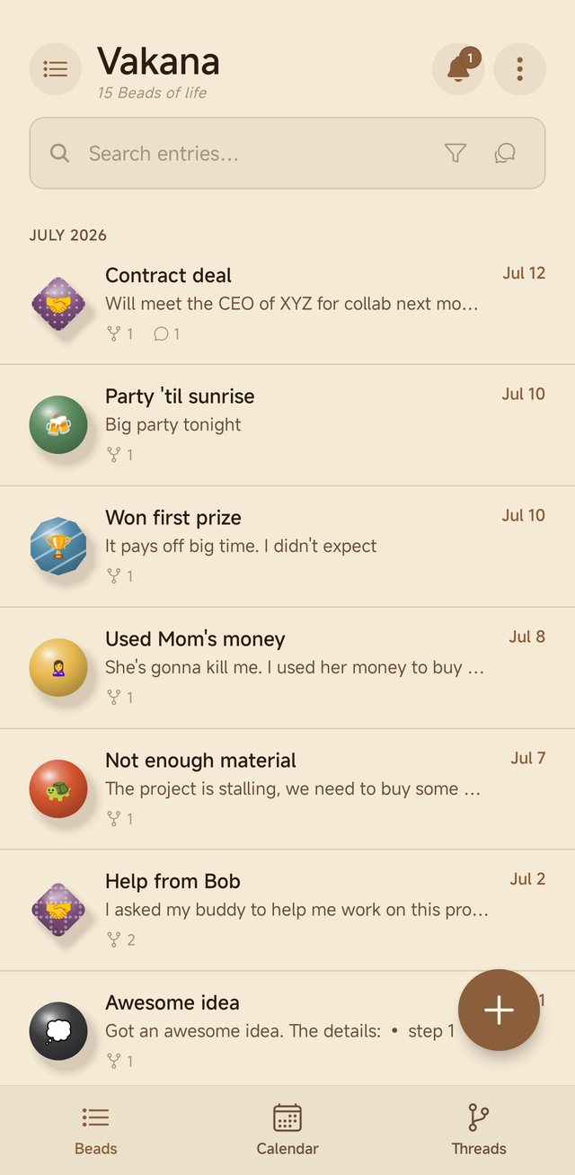 The Vakana list: entries grouped by day, each carrying its bead